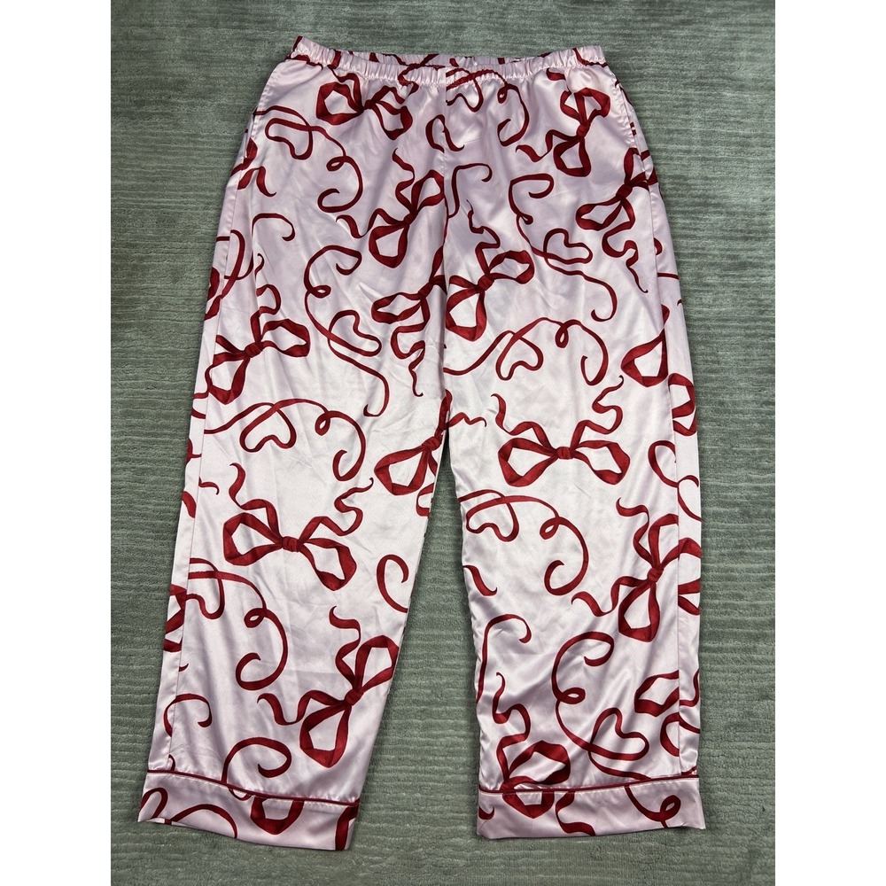 Joyspun Pajama Pants Womens XL Pink‎ Ribbon Pattern Satin Pull On Elastic Waist